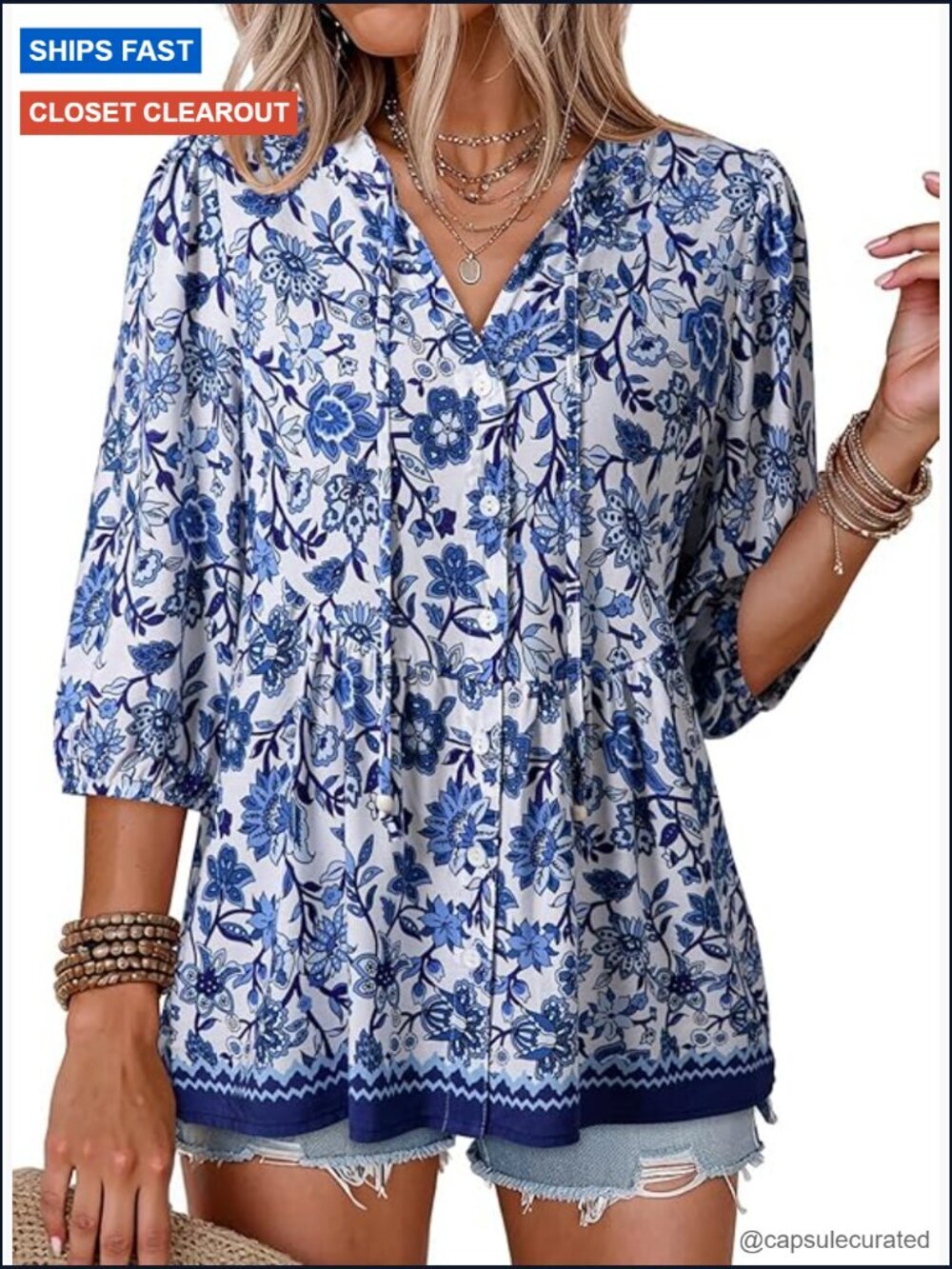 Boho Floral Button Down V Neck Peplum Babydoll Blouse Shirt
